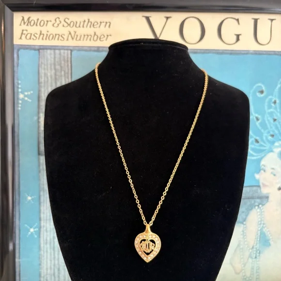 Christian Dior Gold Heart & Rhinestone Pendant Necklace - Picture 1 of 10